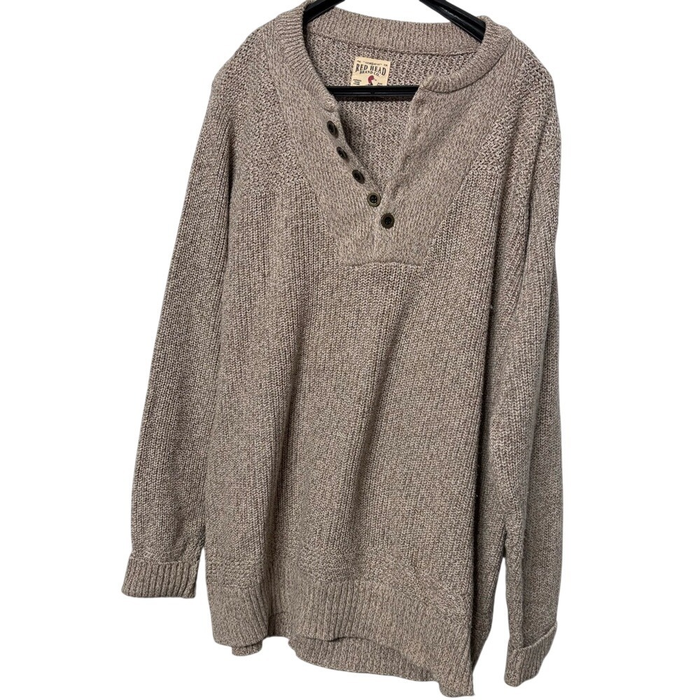 Tan Heathered Cotton Blend Henley Sweater Knit Long Sleeve Size Large Tall‎